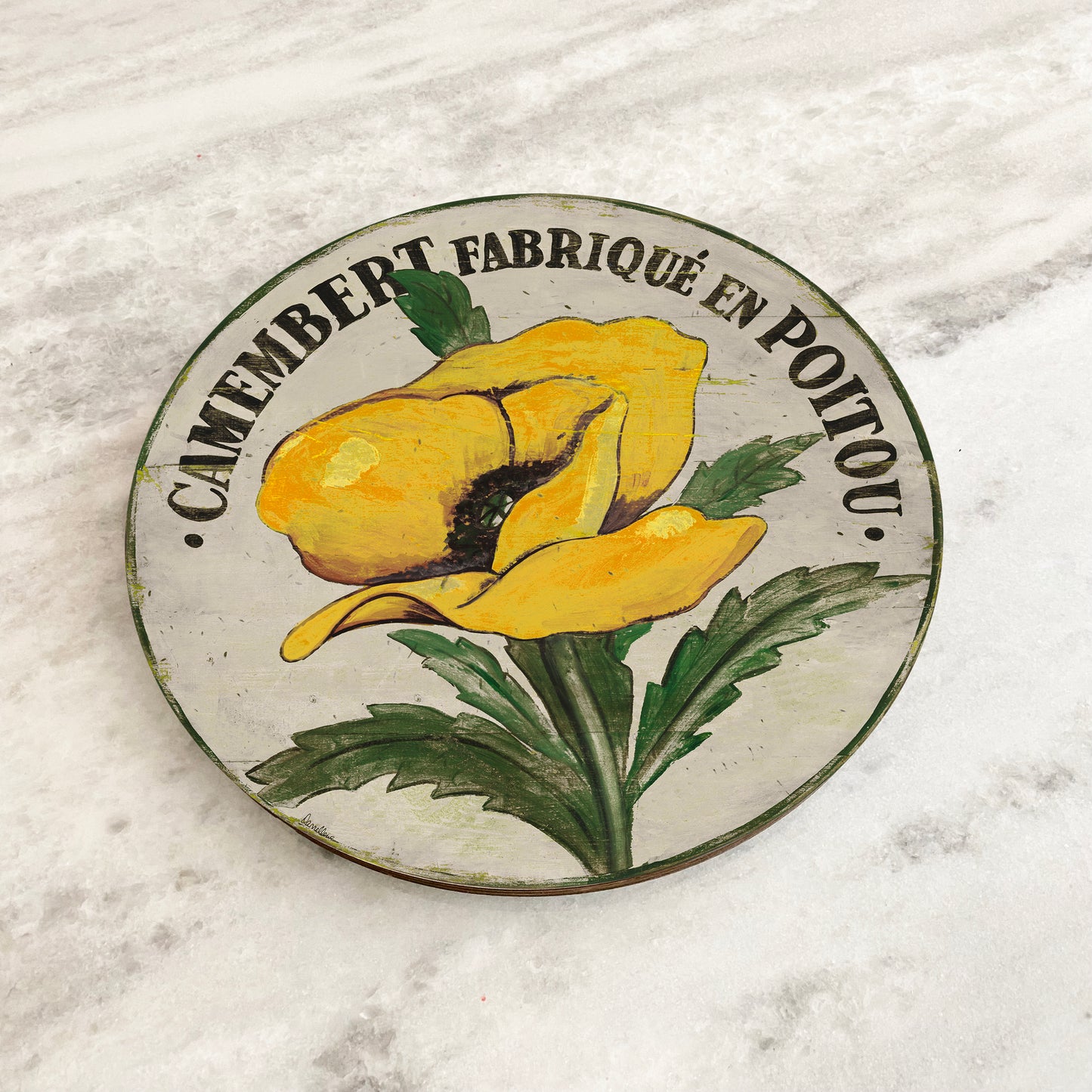 Yellow Poppy Stem on Cream Wood Lazy Susan - 15" & 23"