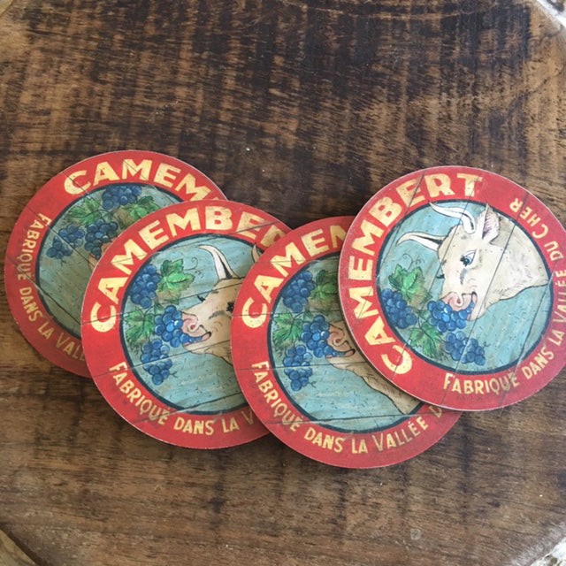 Cow eating grapes with red border coasters (set of 4)