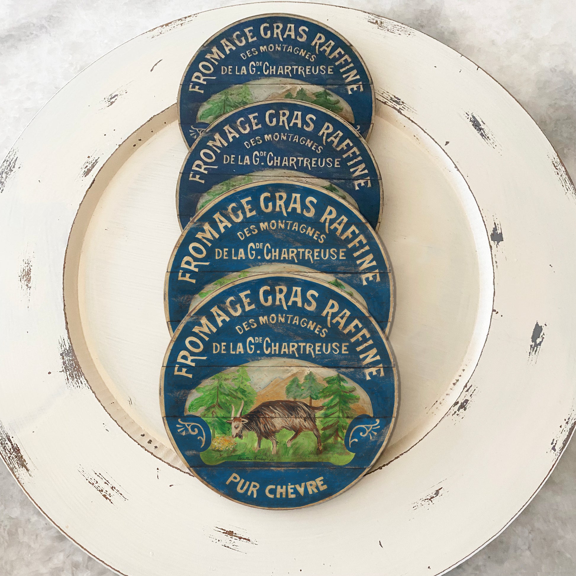Happy French Goat on Wood set of 4 coasters.