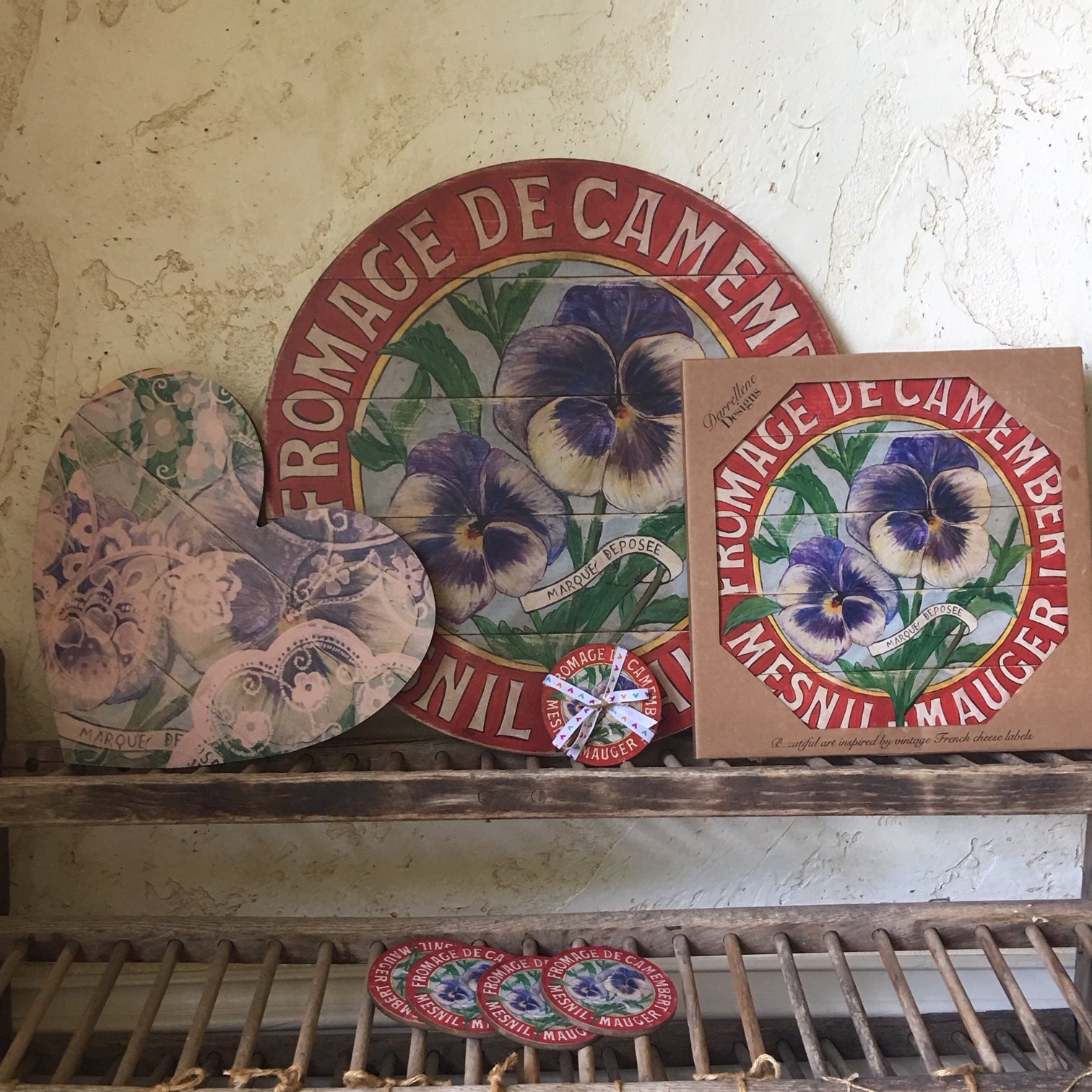 Purple Pansies Art and Lazy Susans and Heart Board