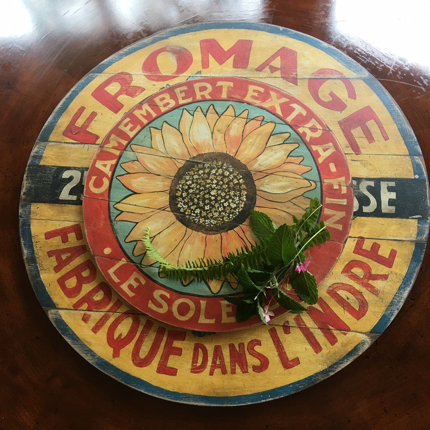 Yellow Sunflower on blue 15" lazy susan on wood