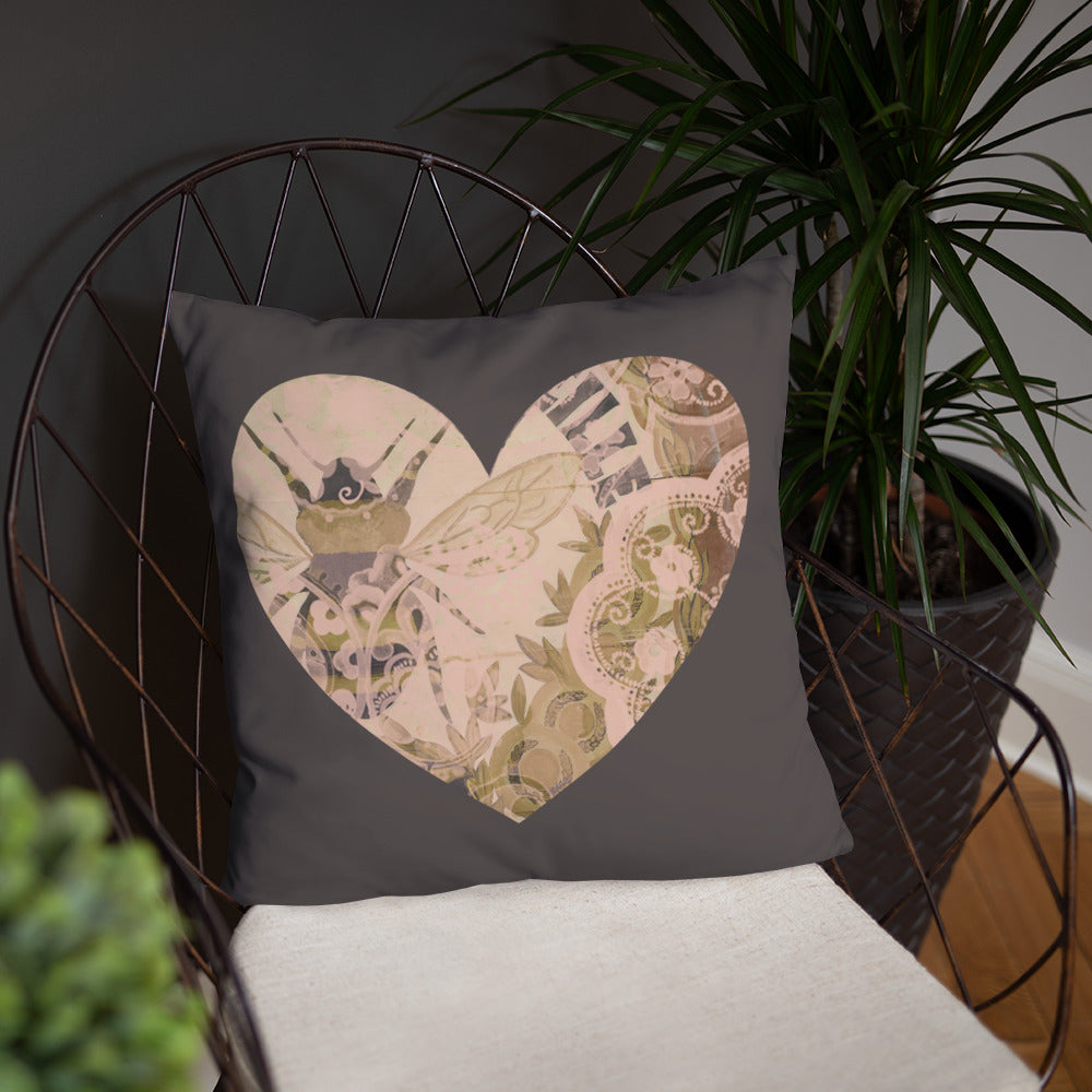 Heart Throw Pillow with our Vintage Bee Design 18 x 18
