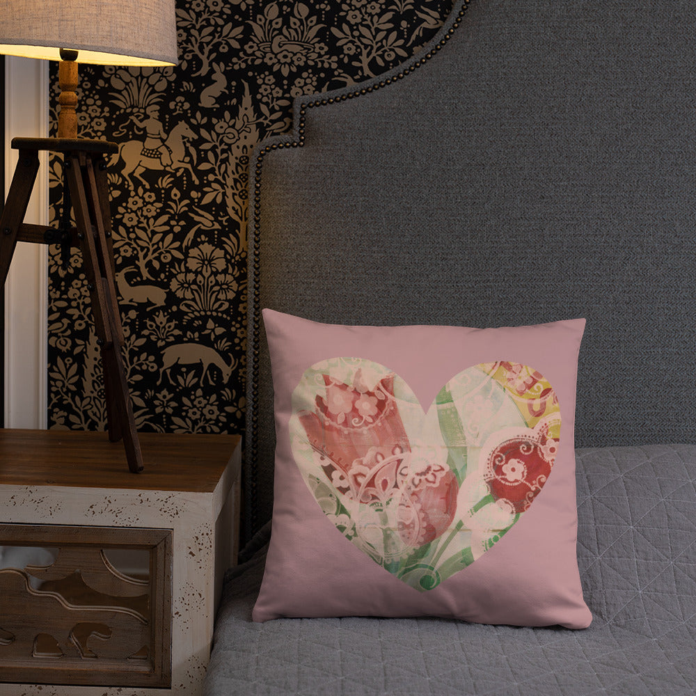 Heart Throw Pillow with our Red Tulip Design on pink 18 x 18