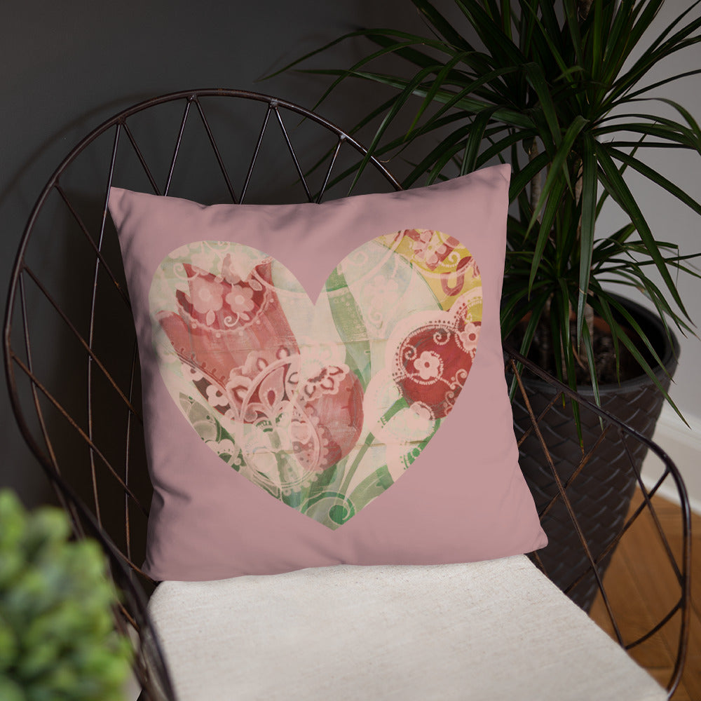 Heart Throw Pillow with our Red Tulip Design on pink 18 x 18