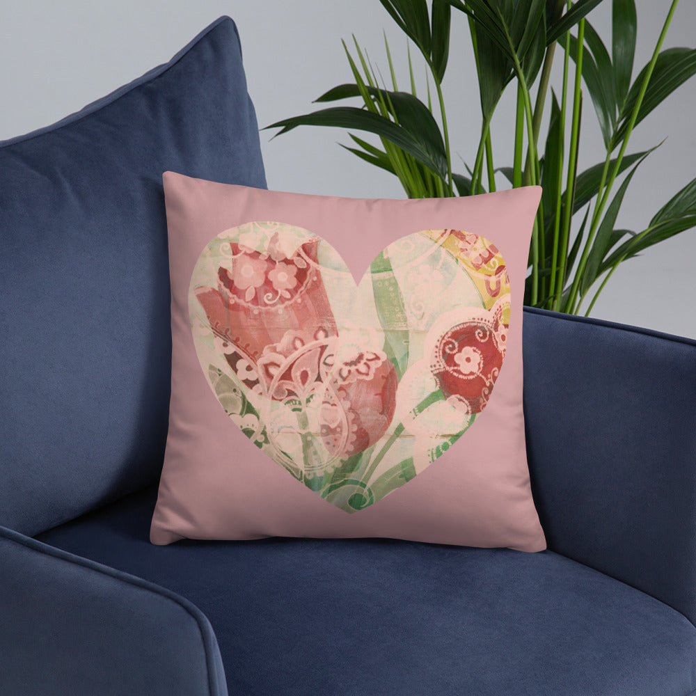 Heart Throw Pillow with our Red Tulip Design on pink 18 x 18