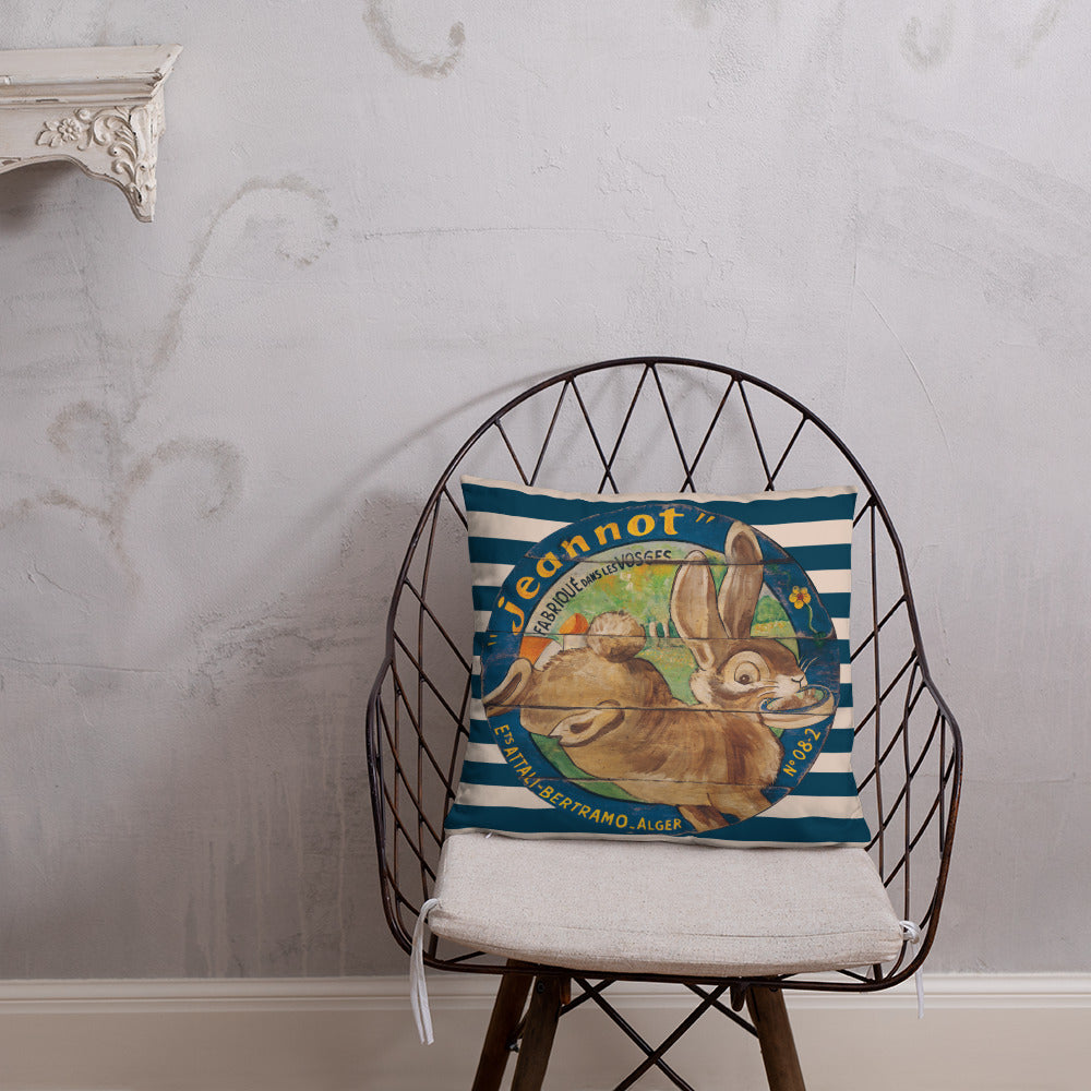 Brown Rabbit Throw Pillow on Blue Stripes 18 x 18