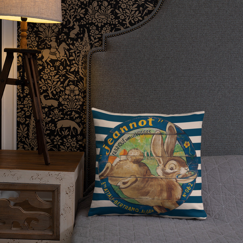 Brown Rabbit Throw Pillow on Blue Stripes 18 x 18