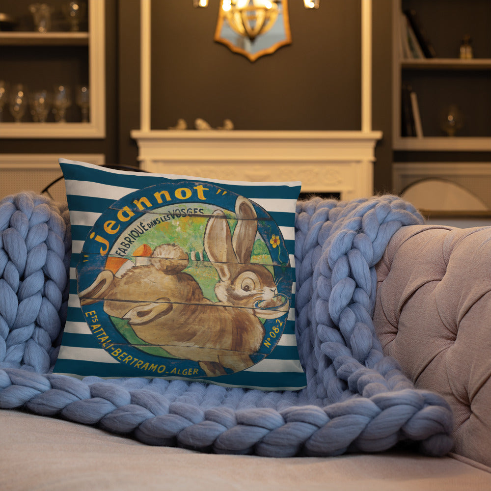 Brown Rabbit Throw Pillow on Blue Stripes 18 x 18