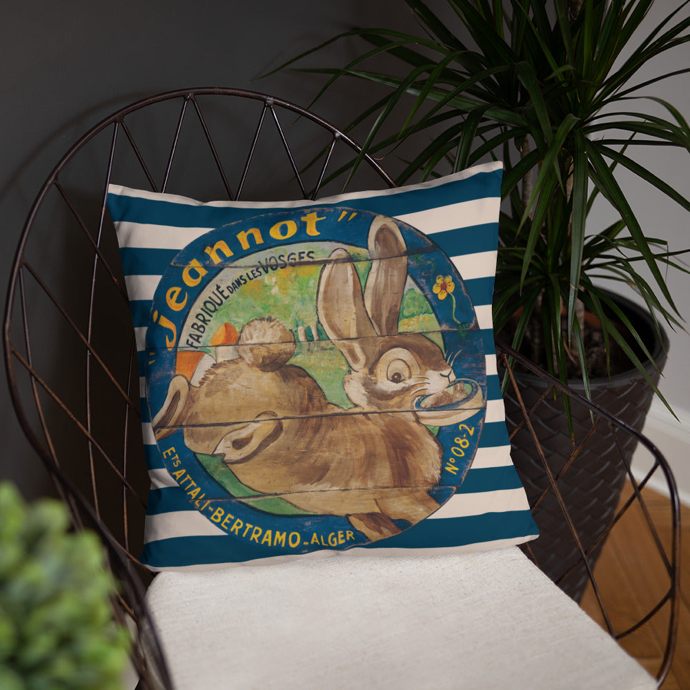 Brown Rabbit Throw Pillow on Blue Stripes 18 x 18