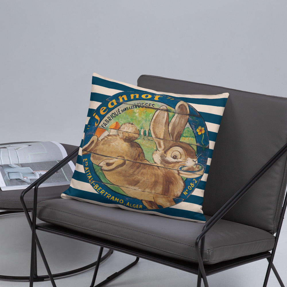 Brown Rabbit Throw Pillow on Blue Stripes 18 x 18