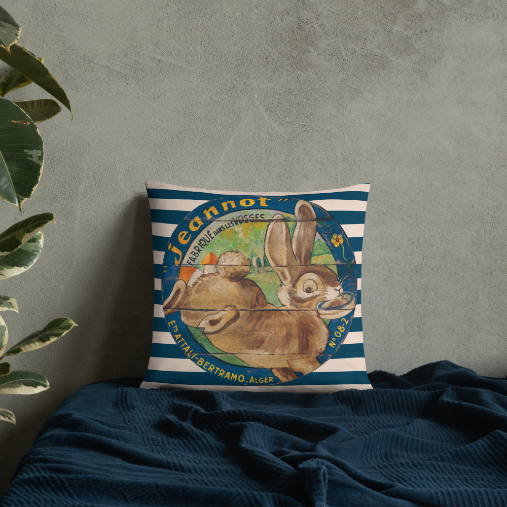 Brown Rabbit Throw Pillow on Blue Stripes 18 x 18