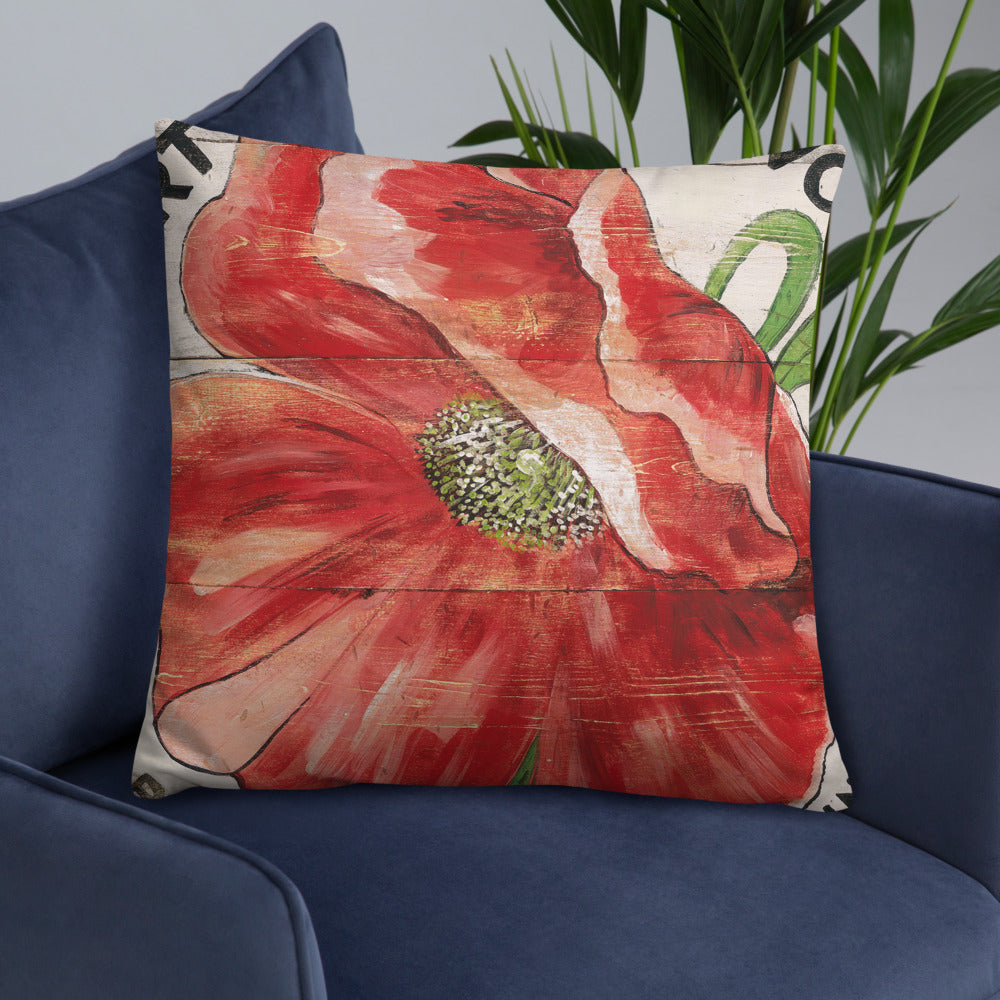 22 x 22 Red Poppy Throw Pillow on Cream