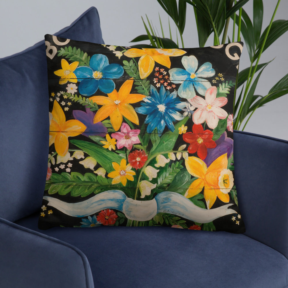 22 x 22 Bouquet of Spring Flowers Throw Pillow on black background