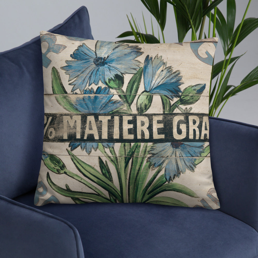 22 x 22 Blue Flower throw pillow on cream background