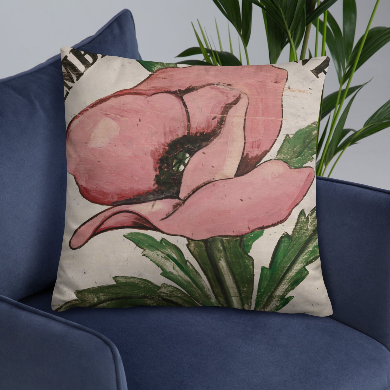 22 x 22 Light Pink Poppy Stem Throw Pillow