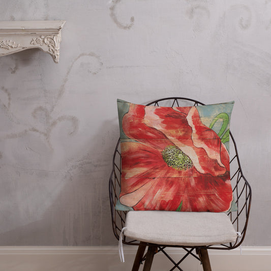 22 x 22 Red Poppy Throw Pillow on French Blue