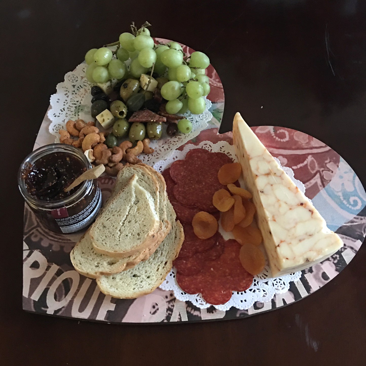 heart board Gold and Black Cherries charcuterie board is 16 1/4 x 15 on 1/4 wood