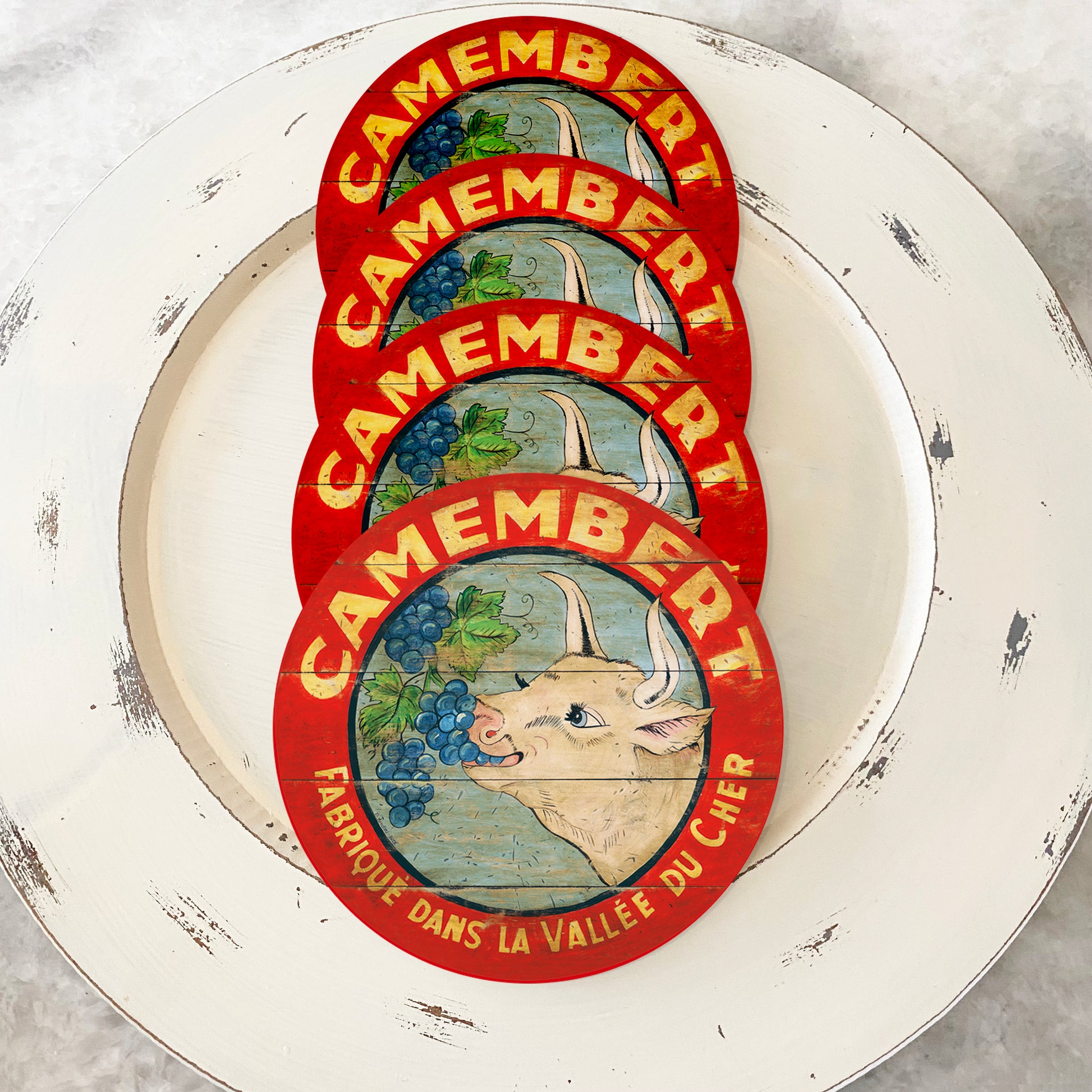 Cow eating grapes with red border coasters (set of 4)