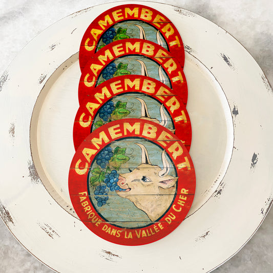 Cow eating grapes with red border coasters (set of 4)