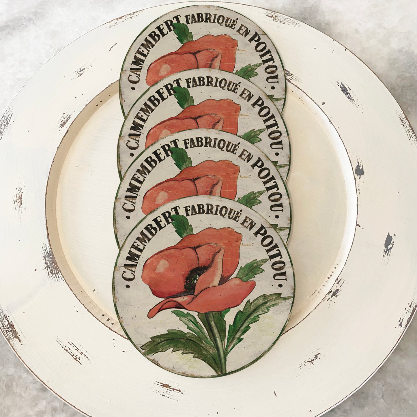 Darrellene Designs Pink Poppy Stem Coasters set of 4 on wood