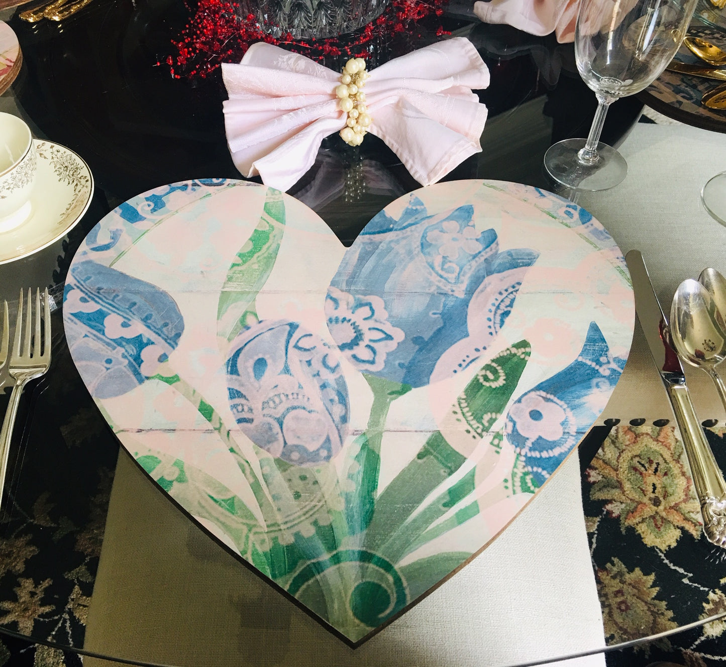 Heart Board Blue, Cream and Green Tulip Art