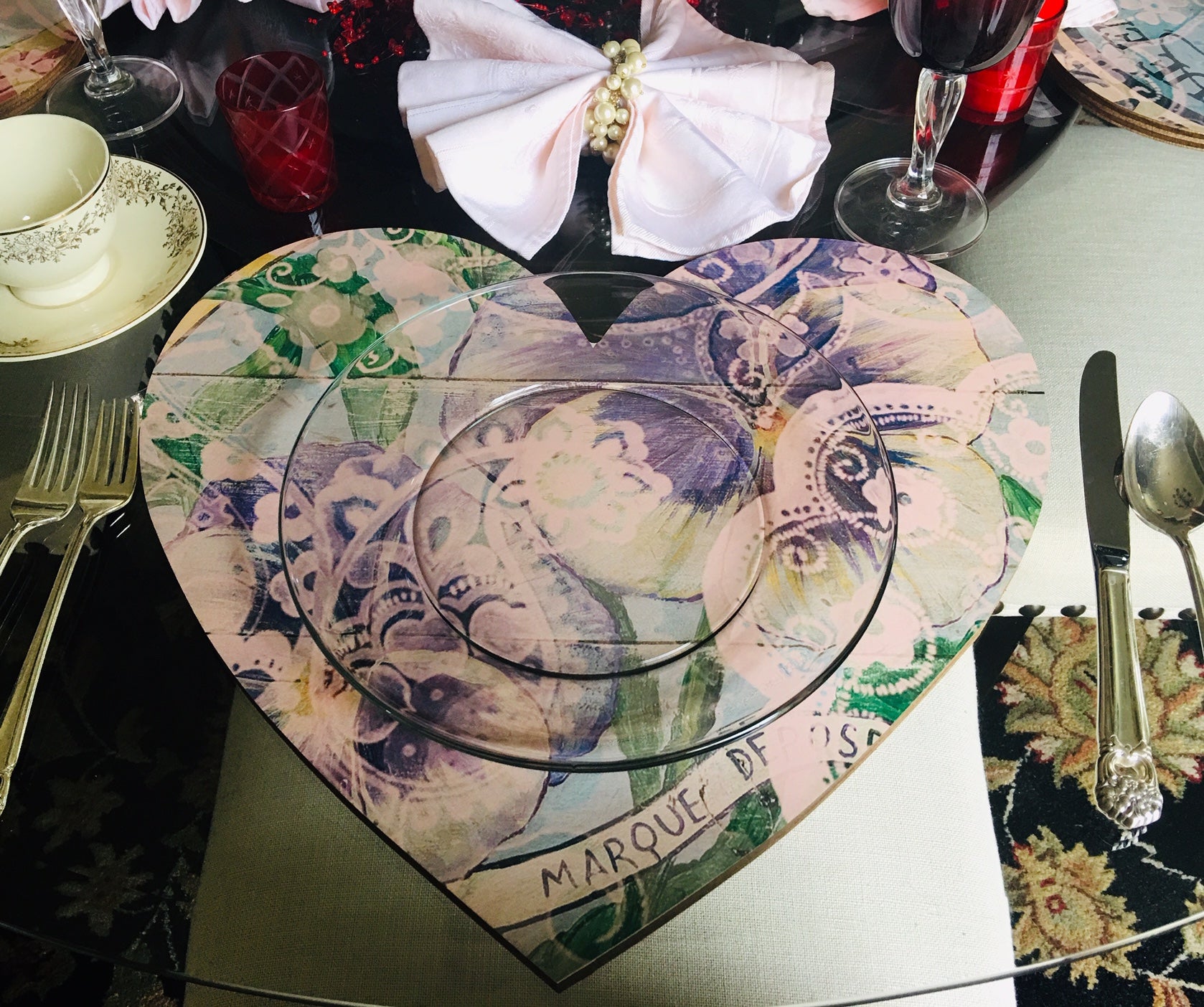 Heart Board Charger Purple Pansies with Green and pink paisley