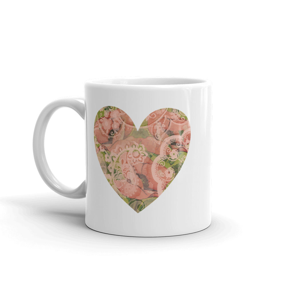 Heart Mug with our Pink and Green Poppy Art