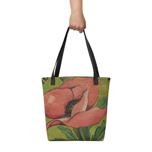 Pink Poppy on Green Tote