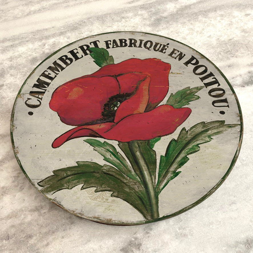 Red Poppy Stem on Cream Wood Lazy Susan - 15" & 23"