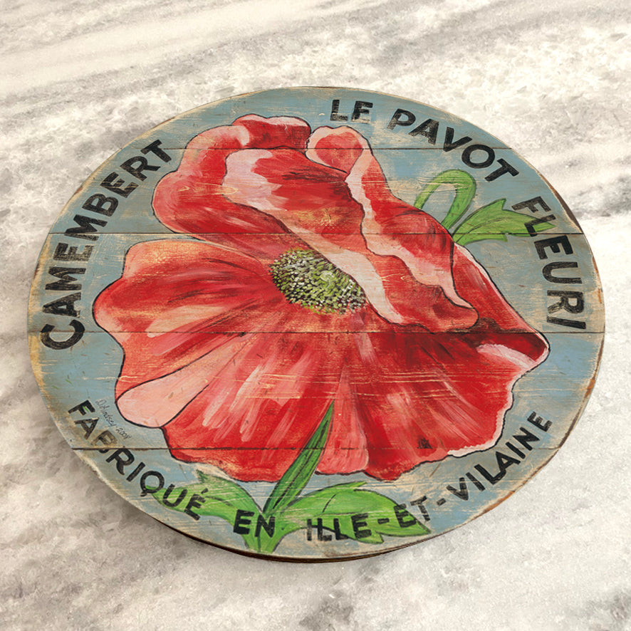 Red Poppy on Blue Wood Lazy Susan 15" or 23"