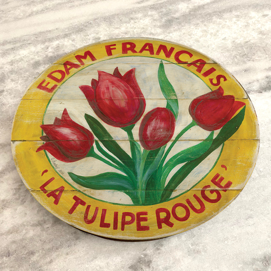 Red Tulips with Yellow Border on Wood Lazy Susan - 15" or 23"