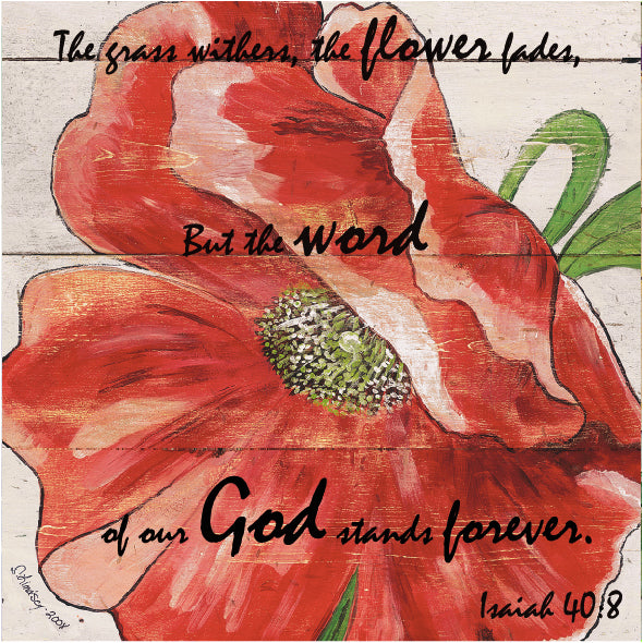 8" x 8" Red Poppy Bible Verse Square Art Isaiah 40:8