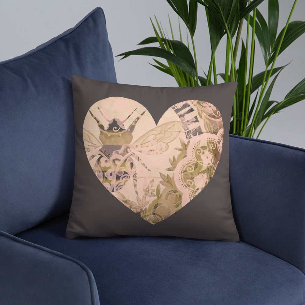 Heart Throw Pillow with our Vintage Bee Design 18 x 18