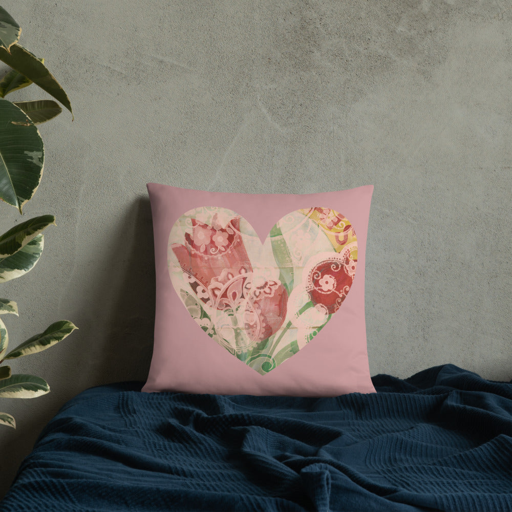 Heart Throw Pillow with our Red Tulip Design on pink 18 x 18