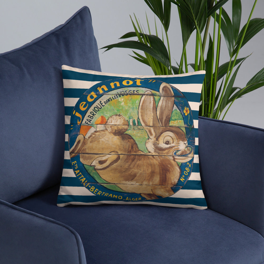Brown Rabbit Throw Pillow on Blue Stripes 18 x 18