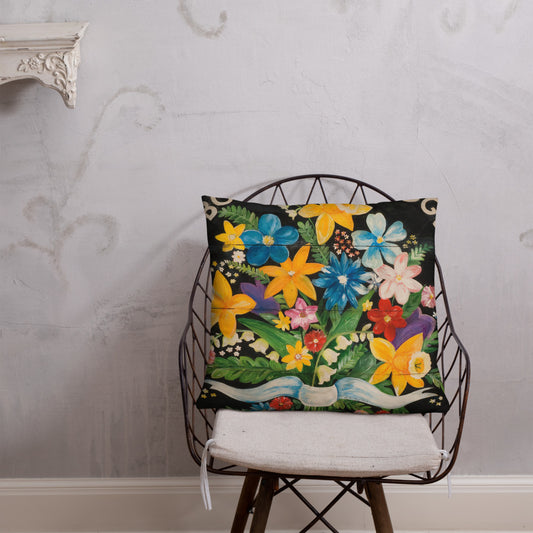 22 x 22 Bouquet of Spring Flowers Throw Pillow on black background