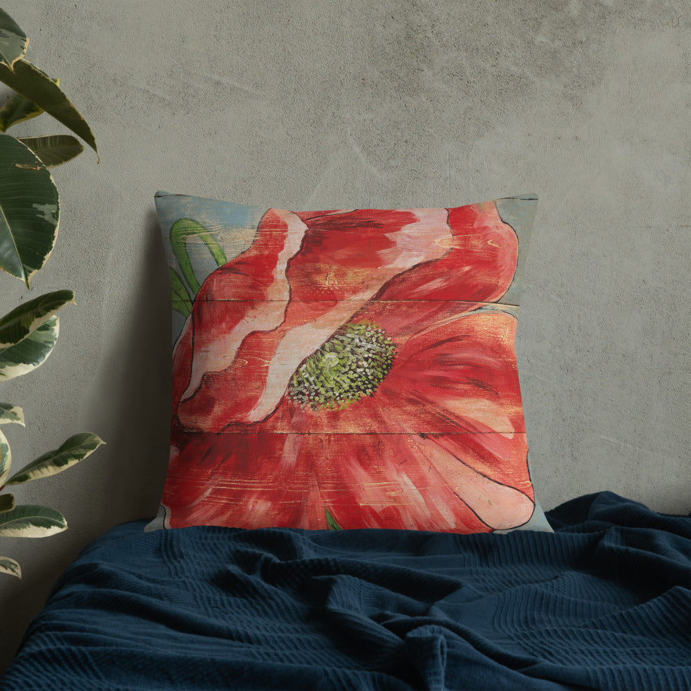 22 x 22 Red Poppy Throw Pillow on French Blue