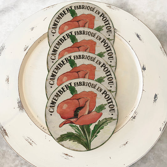 Darrellene Designs Pink Poppy Stem Coasters set of 4 on wood