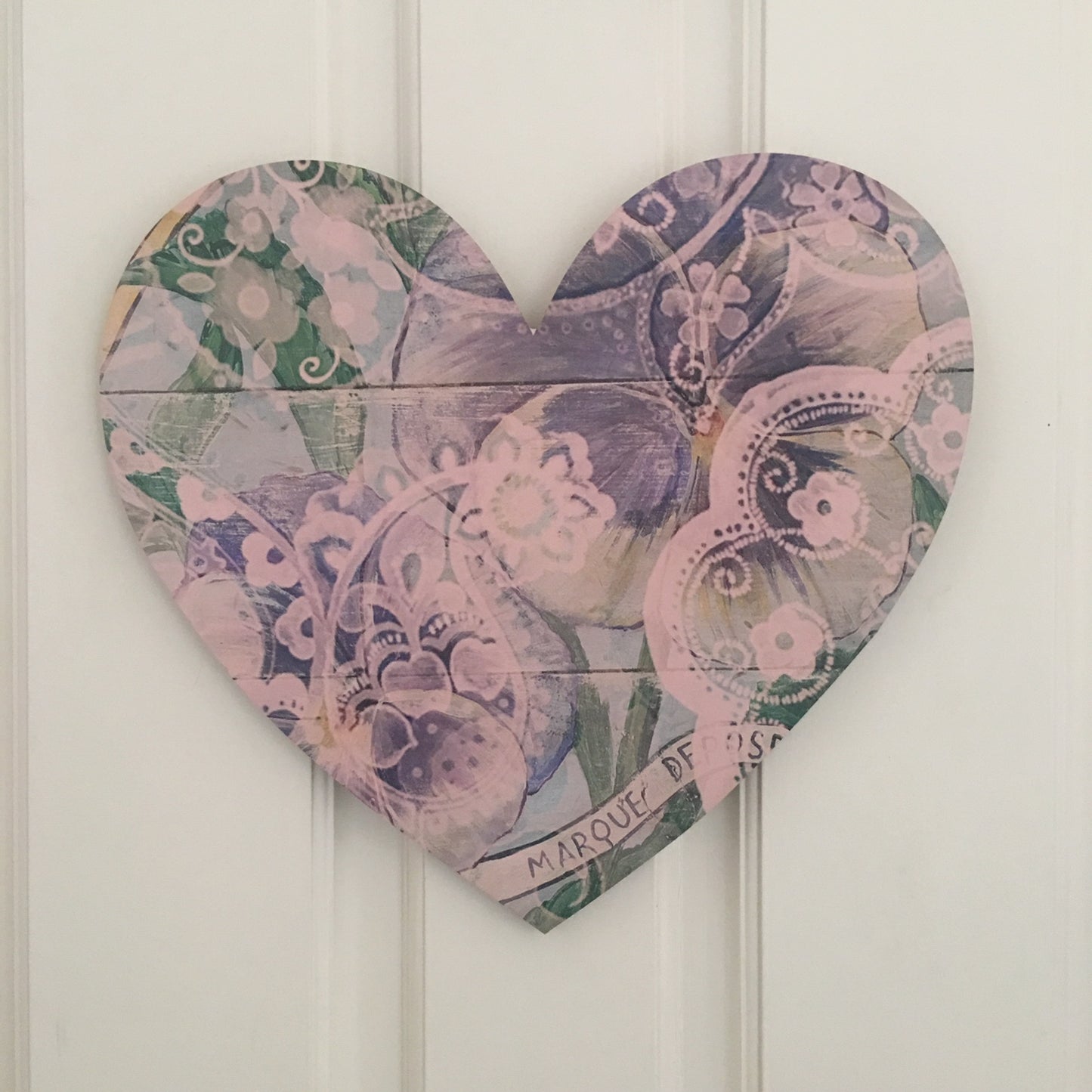 Heart Board Purple Pansies with Green and pink paisley